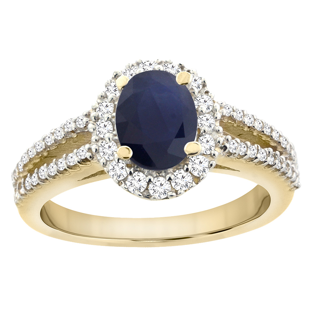 10K Yellow Gold Natural Blue Sapphire Split Shank Halo Engagement Ring Oval 7x5 mm, sizes 5 - 10