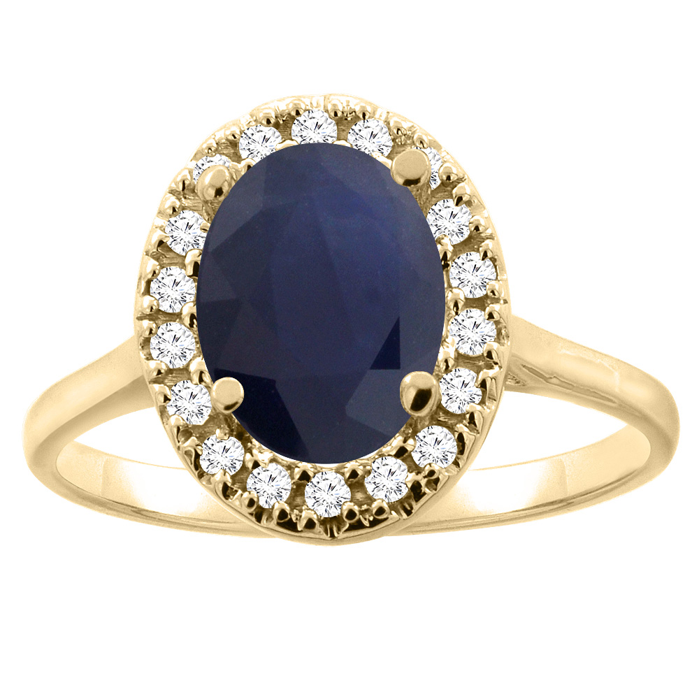 14K Gold Natural Blue Sapphire Halo Ring Oval 9x7mm Diamond Accent, sizes 5 - 10