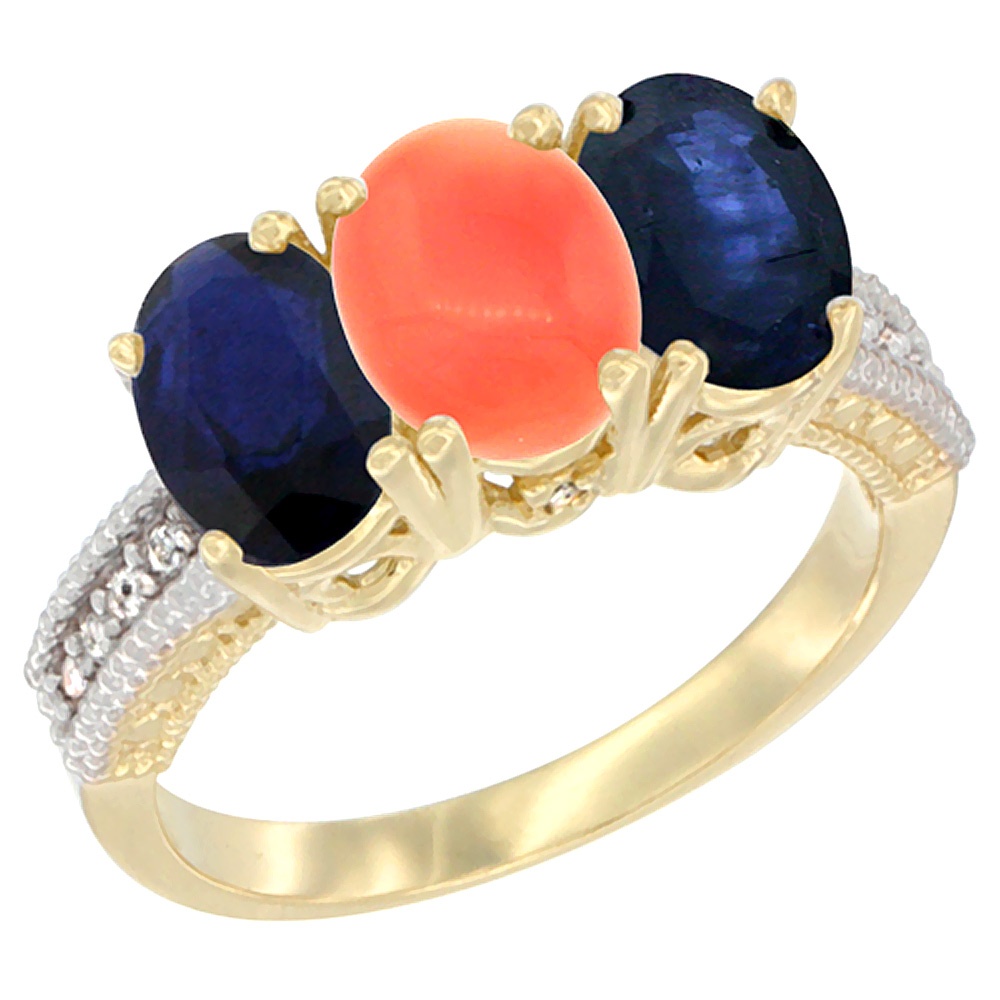 14K Yellow Gold Natural Coral &amp; Blue Sapphire Sides Ring 3-Stone 7x5 mm Oval Diamond Accent, sizes 5 - 10