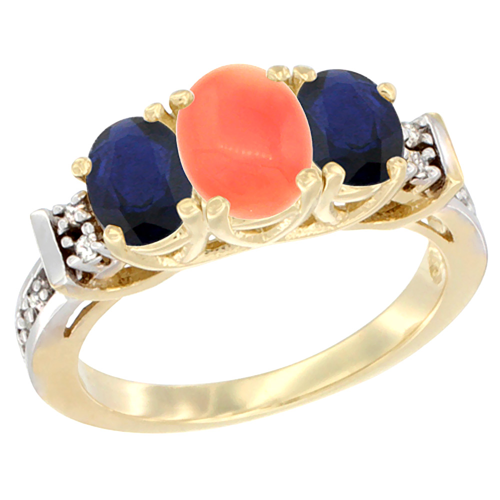 10K Yellow Gold Natural Coral &amp; Blue Sapphire Ring 3-Stone Oval Diamond Accent