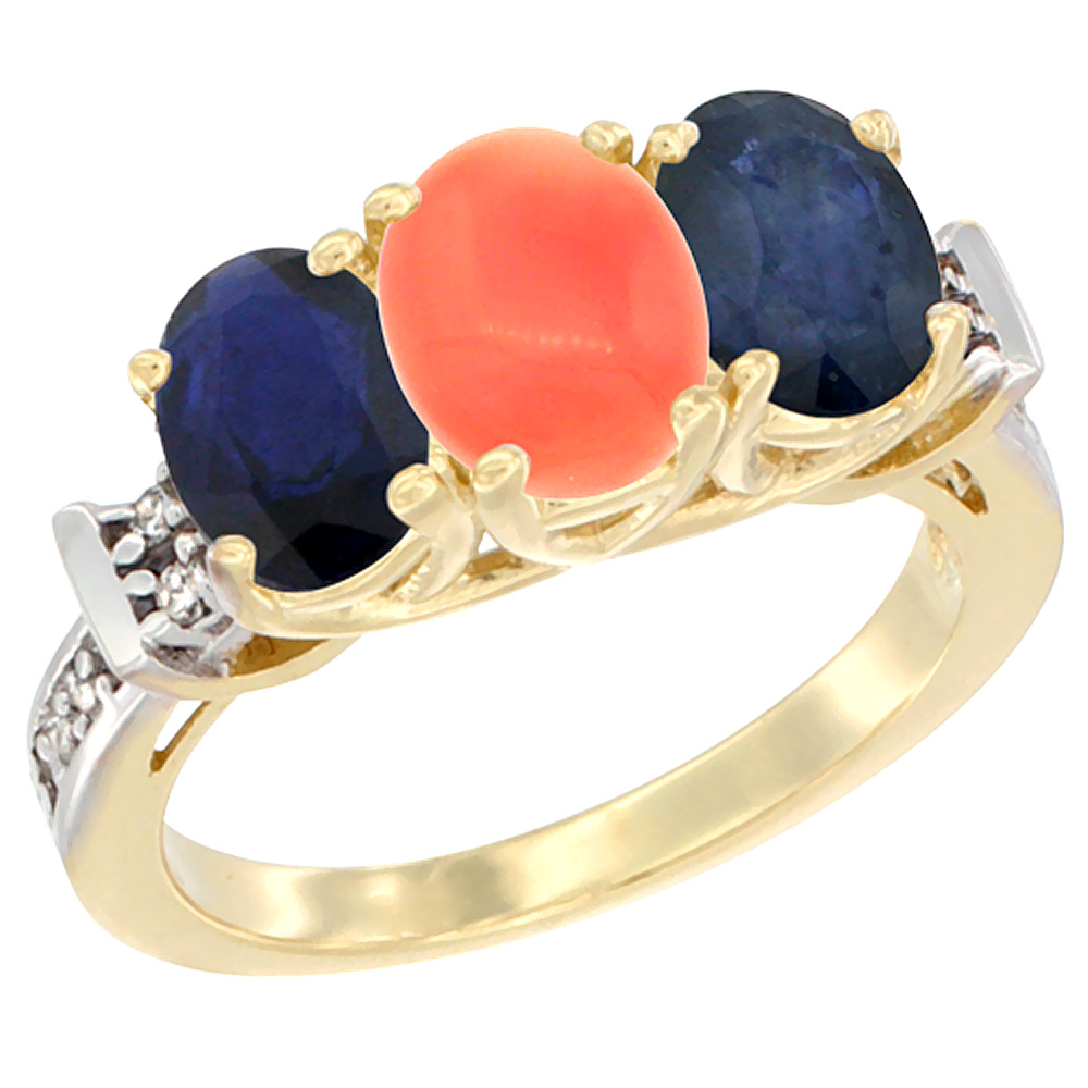 10K Yellow Gold Natural Coral & Blue Sapphire Sides Ring 3-Stone Oval Diamond Accent, sizes 5 - 10