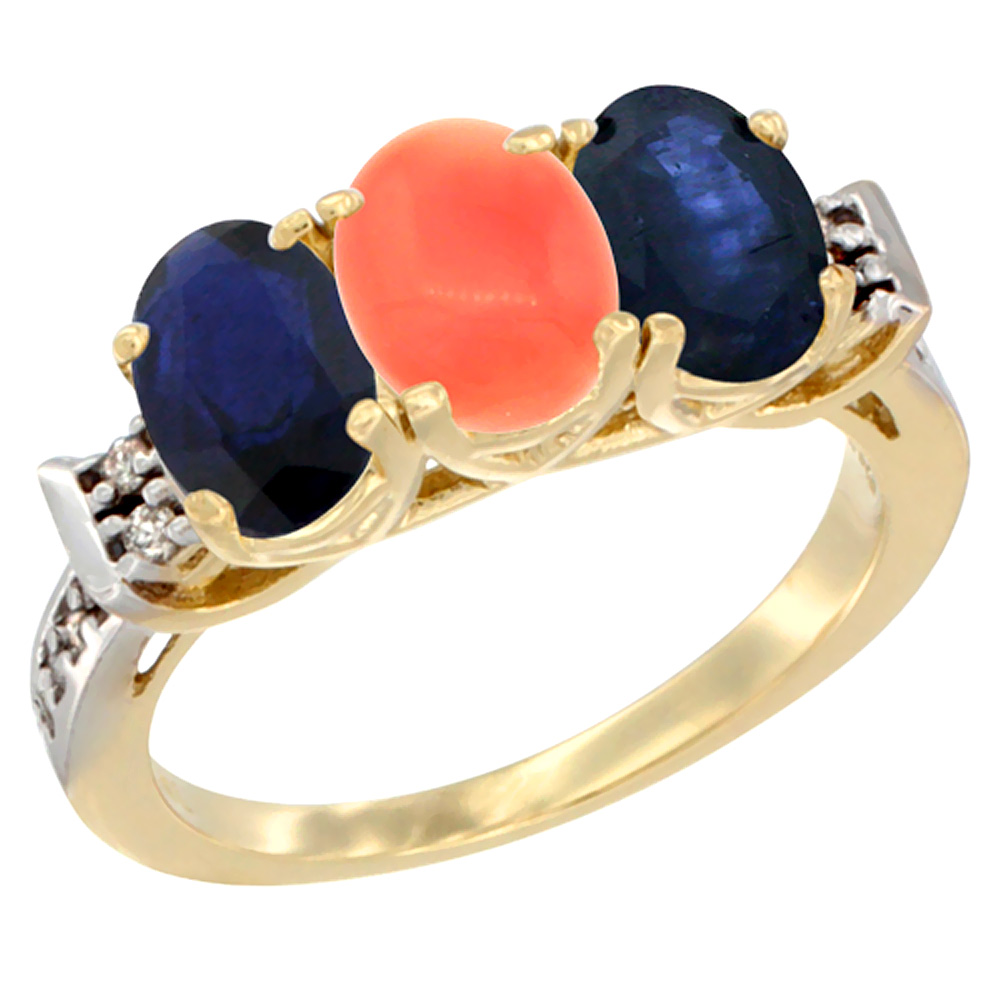 14K Yellow Gold Natural Coral &amp; Blue Sapphire Sides Ring 3-Stone Oval 7x5 mm Diamond Accent, sizes 5 - 10