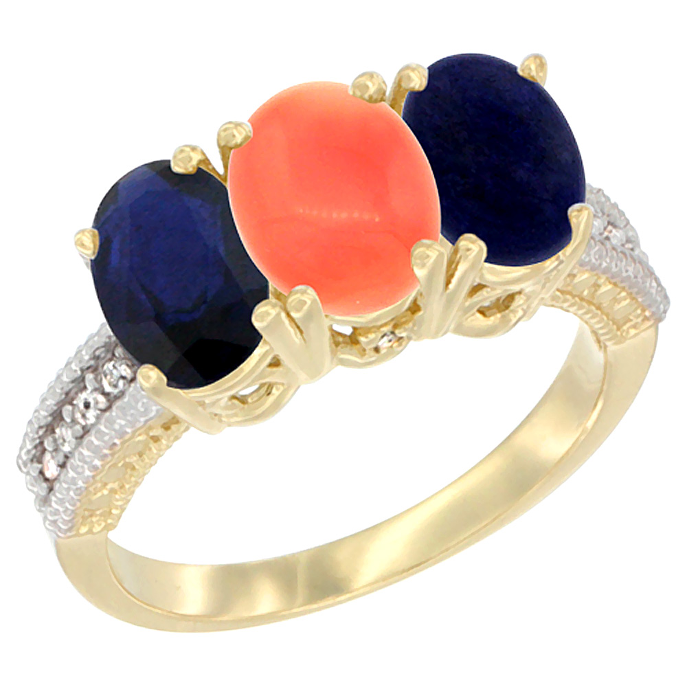 14K Yellow Gold Natural Blue Sapphire, Coral &amp; Lapis Ring 3-Stone 7x5 mm Oval Diamond Accent, sizes 5 - 10