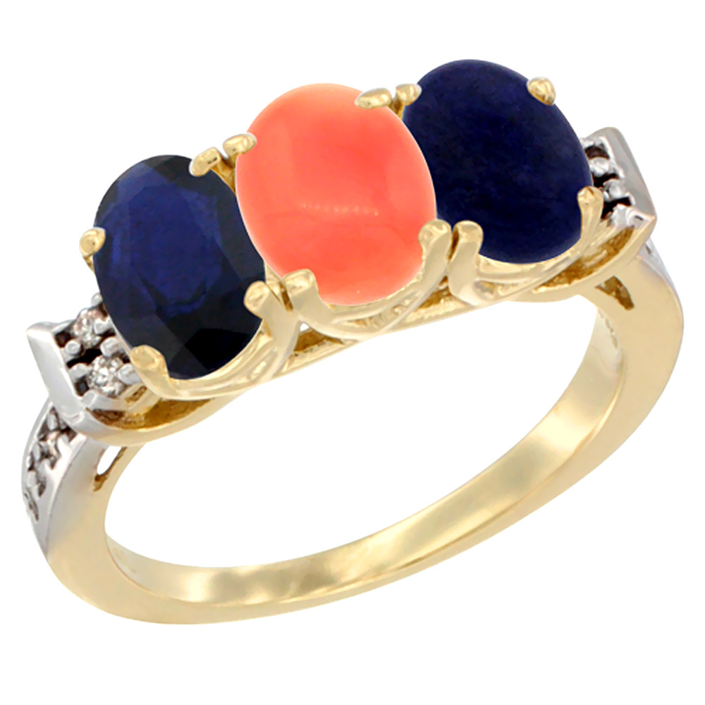 10K Yellow Gold Natural Blue Sapphire, Coral &amp; Lapis Ring 3-Stone Oval 7x5 mm Diamond Accent, sizes 5 - 10