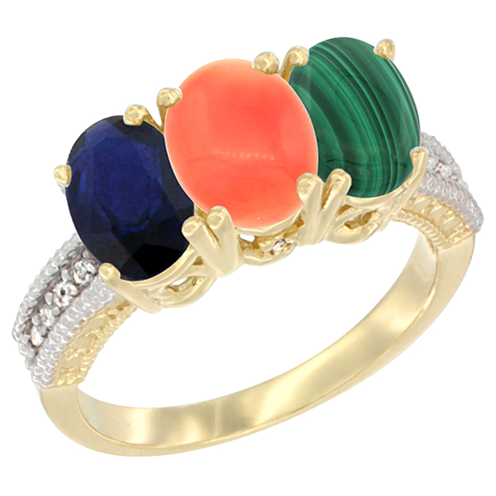 14K Yellow Gold Natural Blue Sapphire, Coral &amp; Malachite Ring 3-Stone 7x5 mm Oval Diamond Accent, sizes 5 - 10