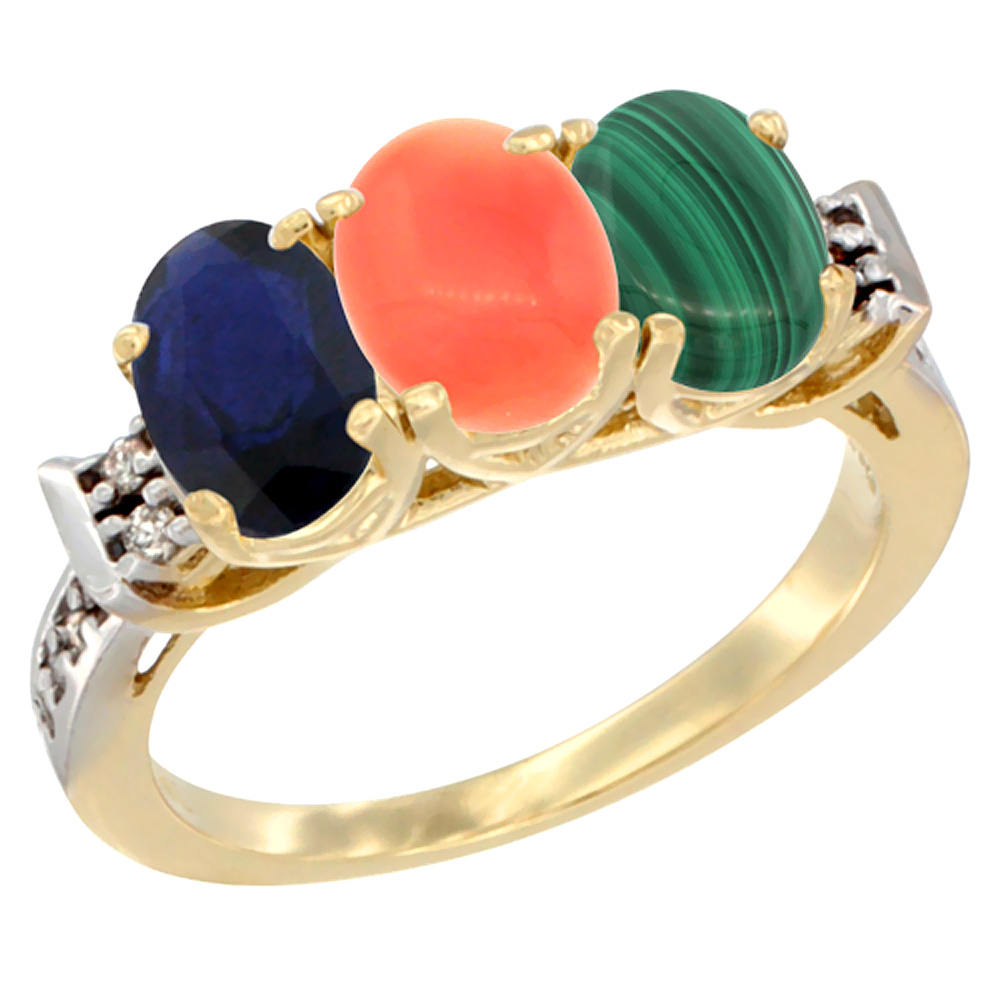 14K Yellow Gold Natural Blue Sapphire, Coral &amp; Malachite Ring 3-Stone Oval 7x5 mm Diamond Accent, sizes 5 - 10