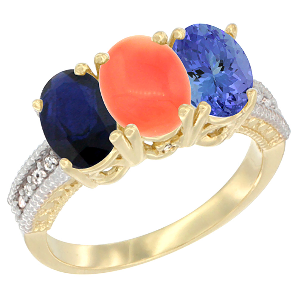 14K Yellow Gold Natural Blue Sapphire, Coral & Tanzanite Ring 3-Stone 7x5 mm Oval Diamond Accent, sizes 5 - 10