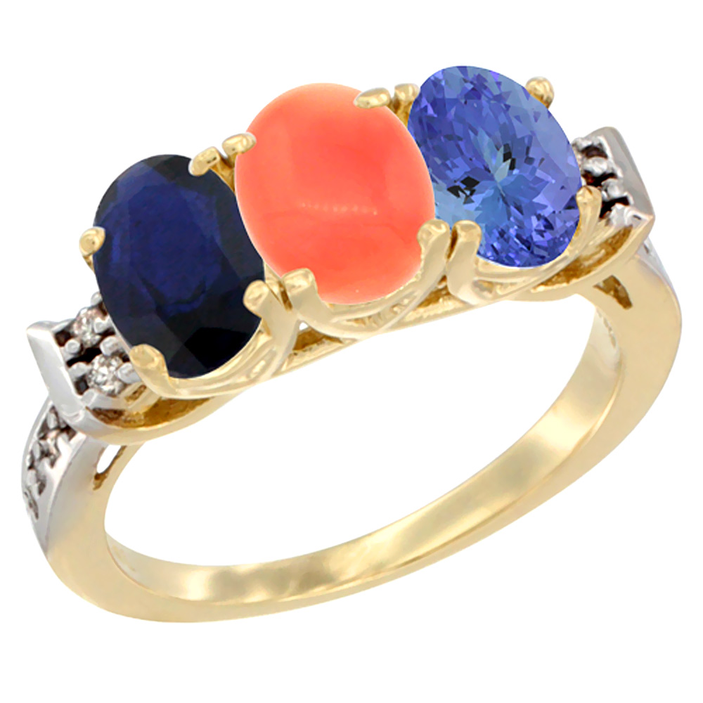 10K Yellow Gold Natural Blue Sapphire, Coral & Tanzanite Ring 3-Stone Oval 7x5 mm Diamond Accent, sizes 5 - 10
