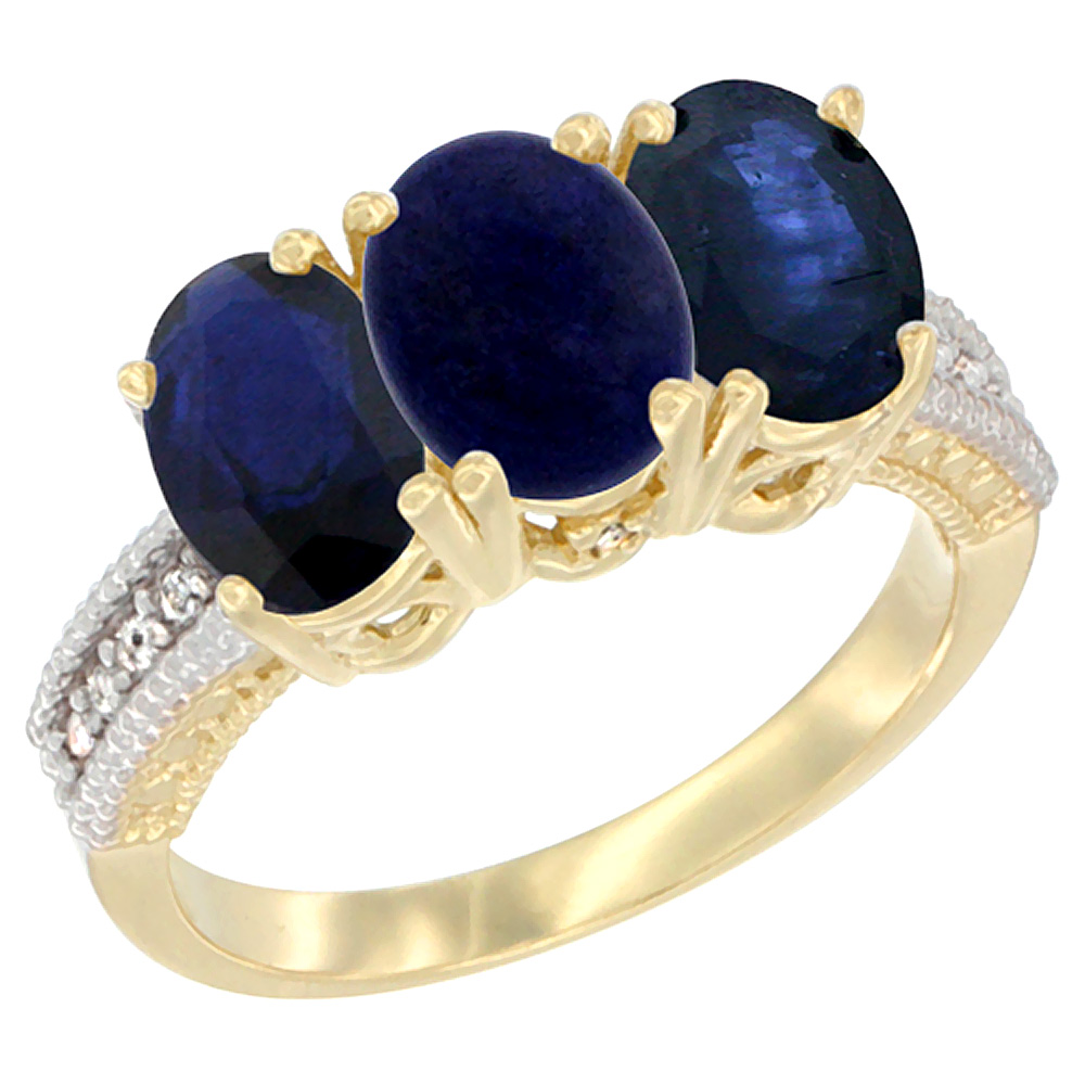 14K Yellow Gold Natural Lapis & Blue Sapphire Sides Ring 3-Stone 7x5 mm Oval Diamond Accent, sizes 5 - 10