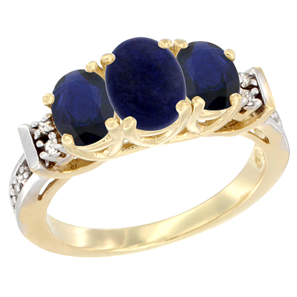 10K Yellow Gold Natural Lapis & Blue Sapphire Ring 3-Stone Oval Diamond Accent