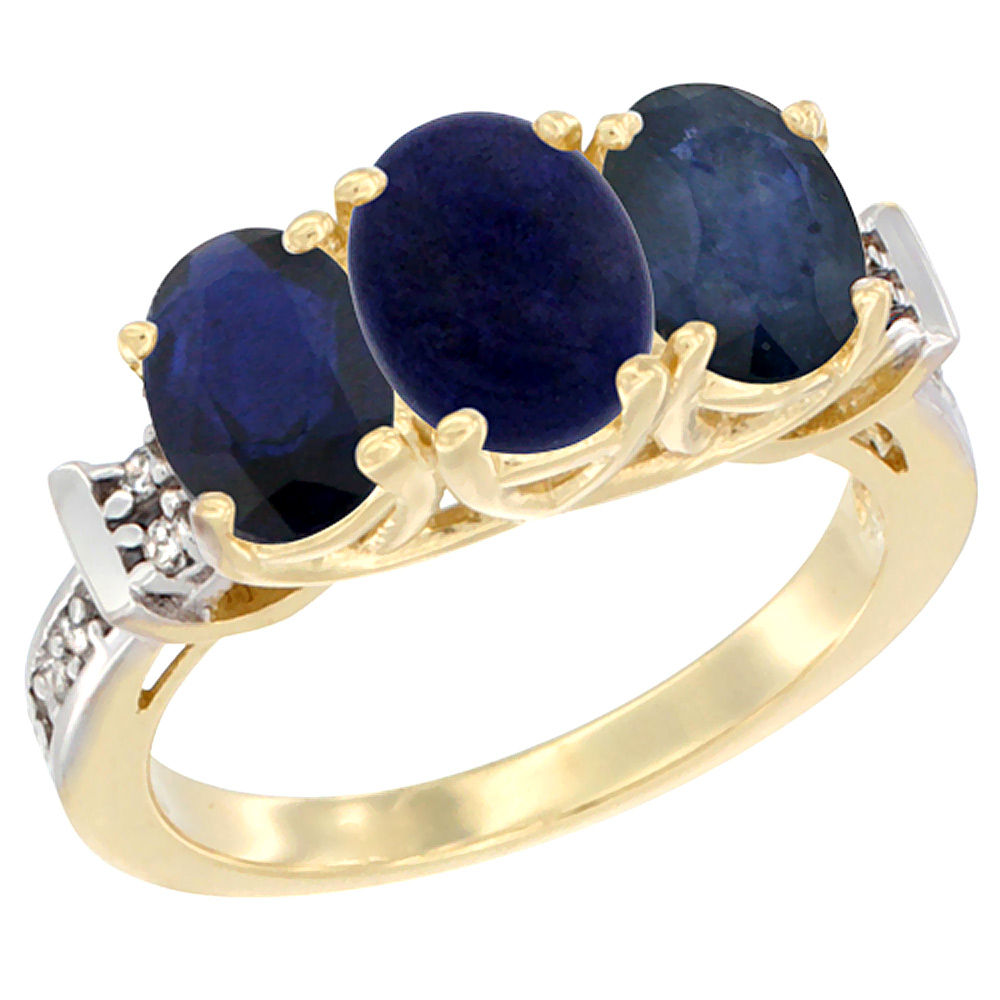 10K Yellow Gold Natural Lapis & Blue Sapphire Sides Ring 3-Stone Oval Diamond Accent, sizes 5 - 10