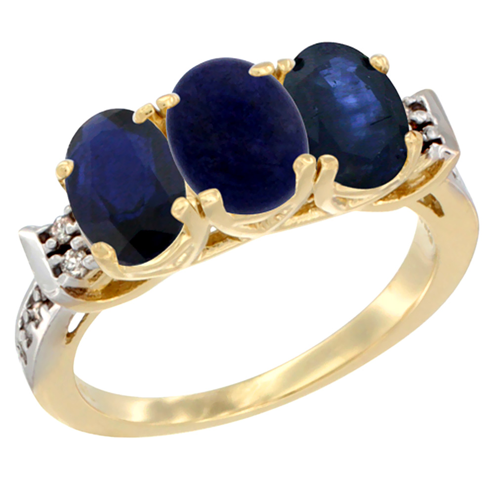14K Yellow Gold Natural Lapis &amp; Blue Sapphire Sides Ring 3-Stone Oval 7x5 mm Diamond Accent, sizes 5 - 10