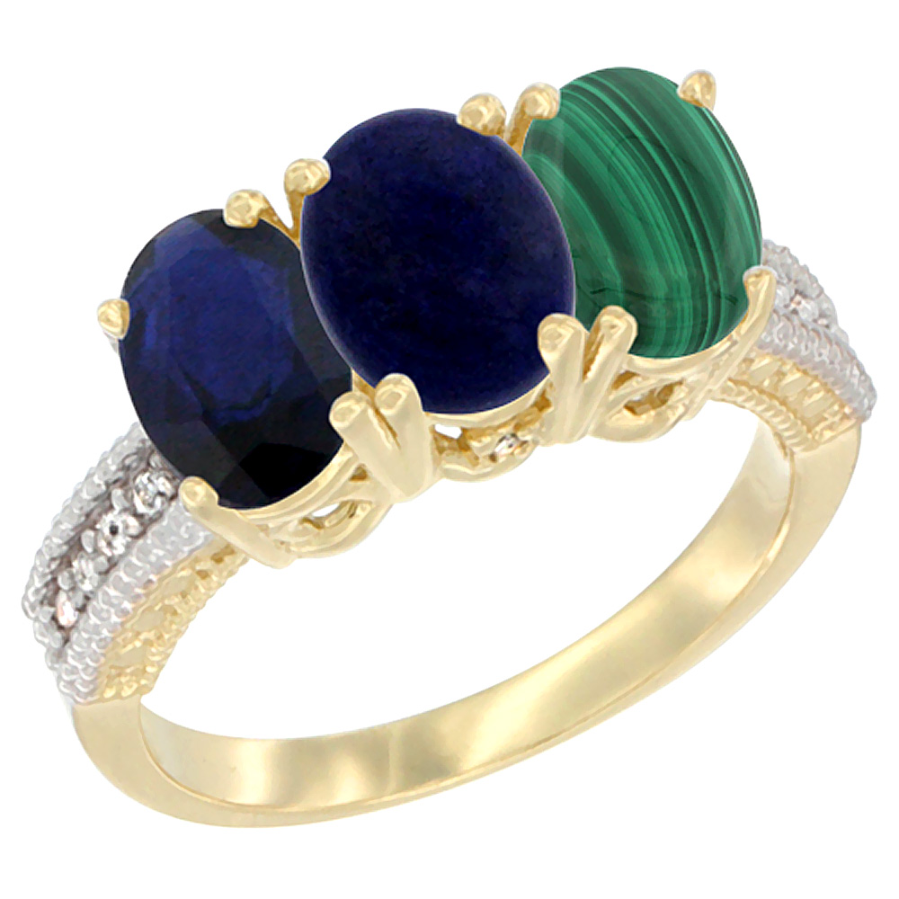 10K Yellow Gold Diamond Natural Blue Sapphire, Lapis & Malachite Ring 3-Stone 7x5 mm Oval, sizes 5 - 10
