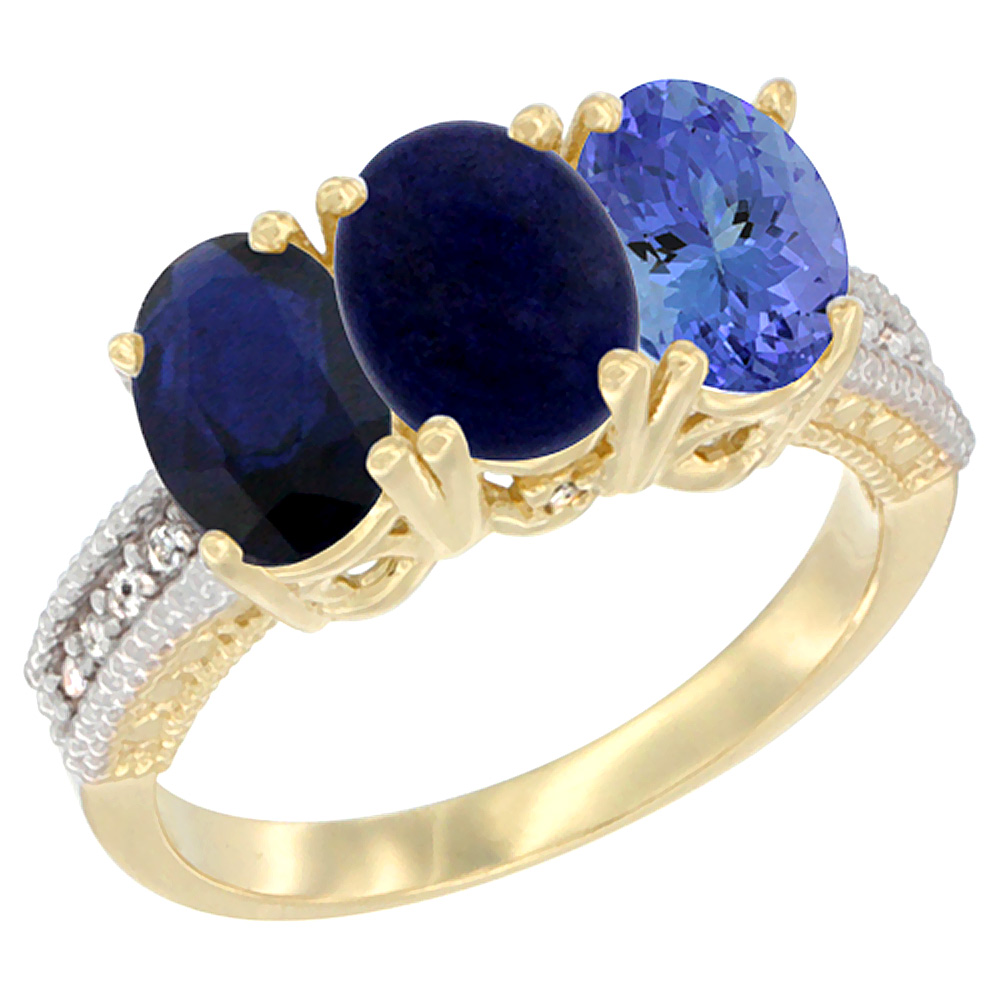 14K Yellow Gold Natural Blue Sapphire, Lapis & Tanzanite Ring 3-Stone 7x5 mm Oval Diamond Accent, sizes 5 - 10