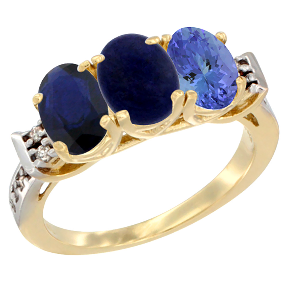 14K Yellow Gold Natural Blue Sapphire, Lapis &amp; Tanzanite Ring 3-Stone Oval 7x5 mm Diamond Accent, sizes 5 - 10