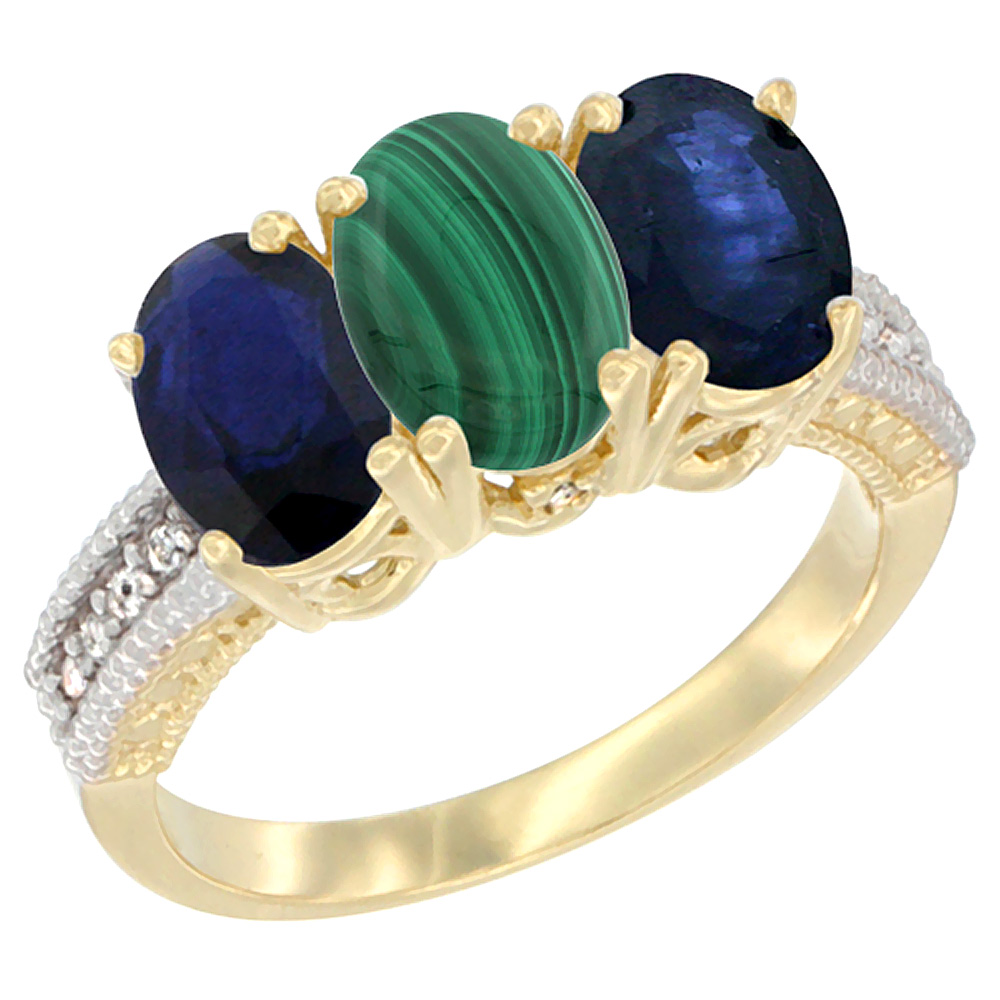 14K Yellow Gold Natural Malachite & Blue Sapphire Sides Ring 3-Stone 7x5 mm Oval Diamond Accent, sizes 5 - 10