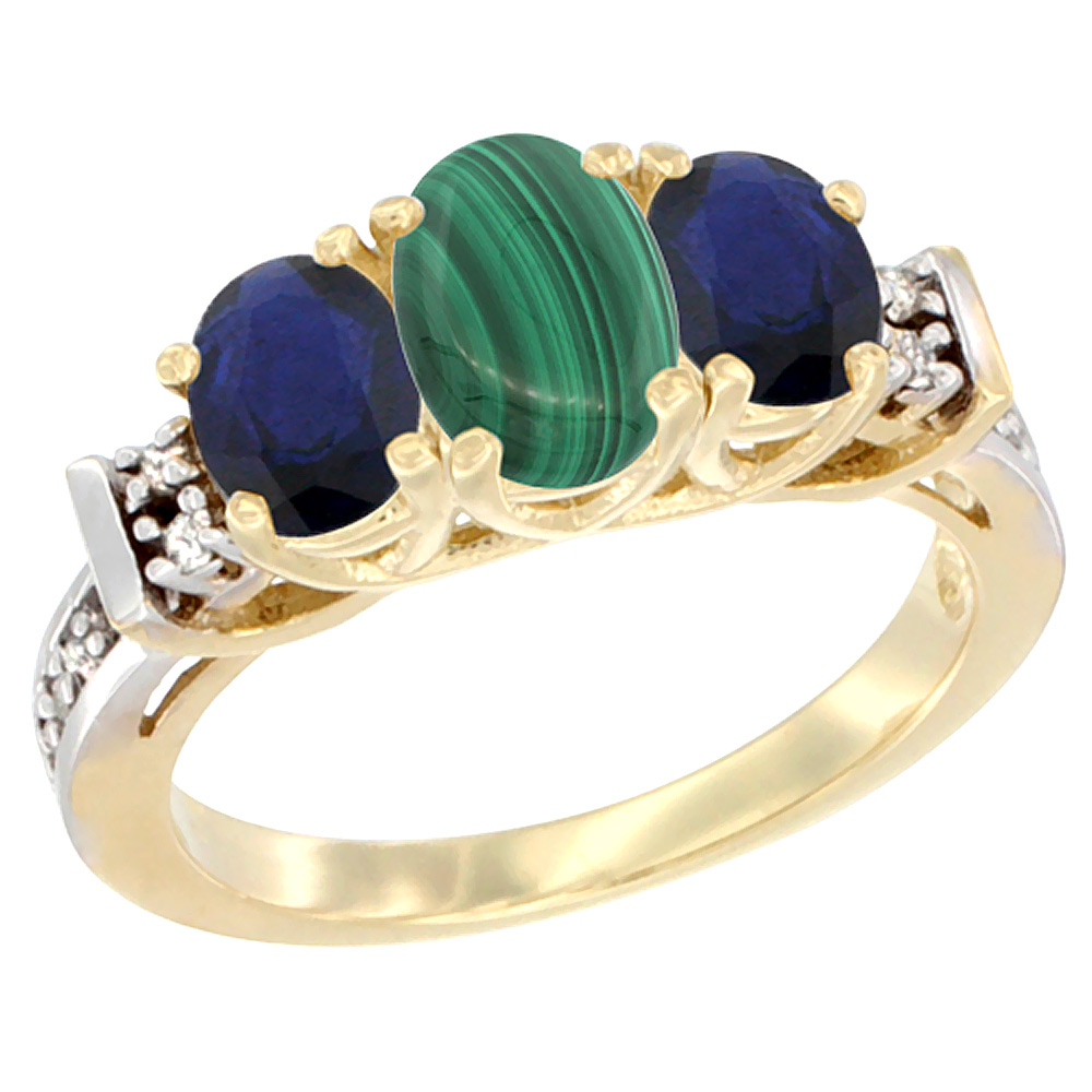 14K Yellow Gold Natural Malachite &amp; High Quality Blue Sapphire Ring 3-Stone Oval Diamond Accent
