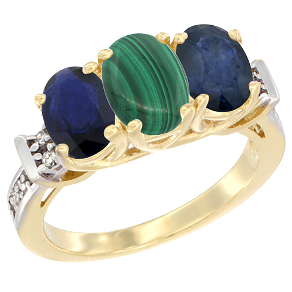 10K Yellow Gold Natural Malachite & Blue Sapphire Sides Ring 3-Stone Oval Diamond Accent, sizes 5 - 10