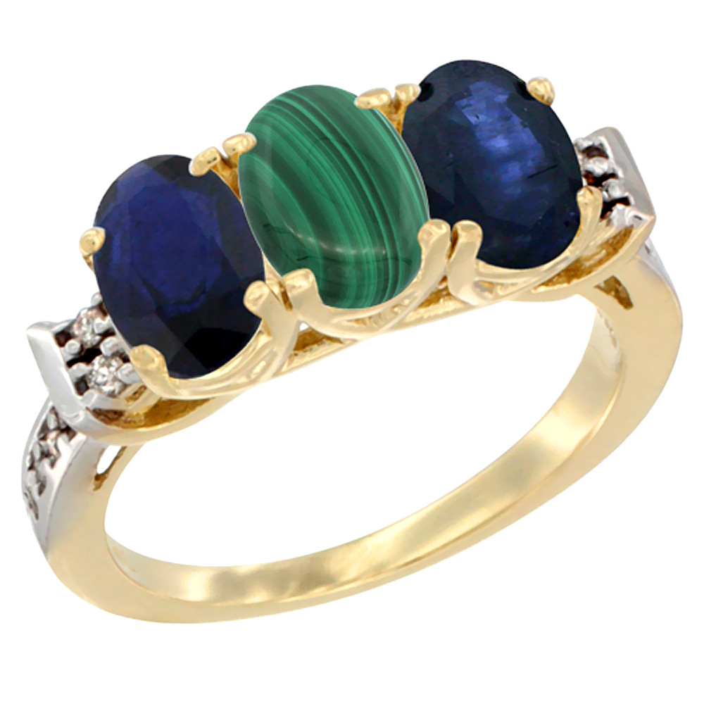 14K Yellow Gold Natural Malachite &amp; Blue Sapphire Sides Ring 3-Stone Oval 7x5 mm Diamond Accent, sizes 5 - 10