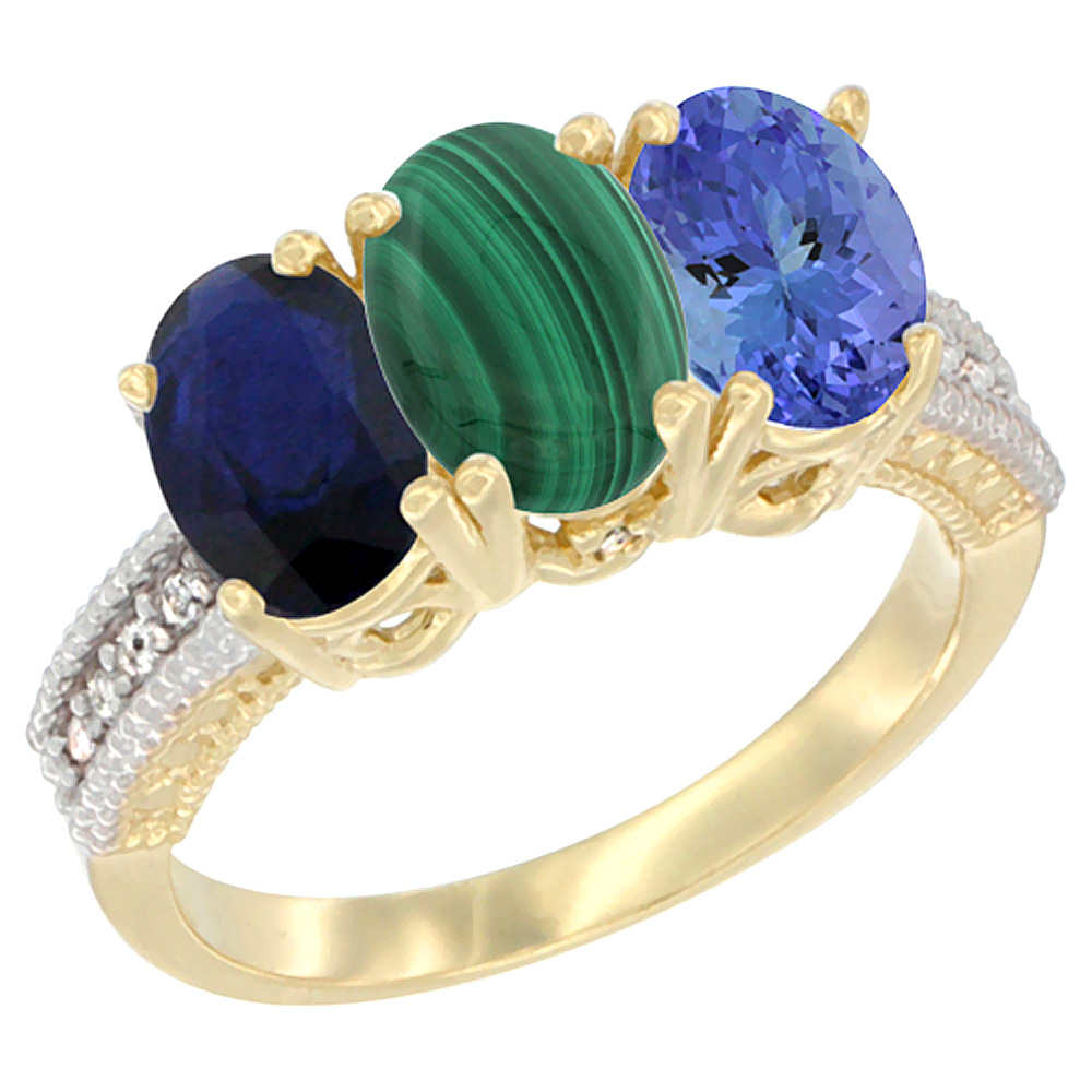 14K Yellow Gold Natural Blue Sapphire, Malachite &amp; Tanzanite Ring 3-Stone 7x5 mm Oval Diamond Accent, sizes 5 - 10