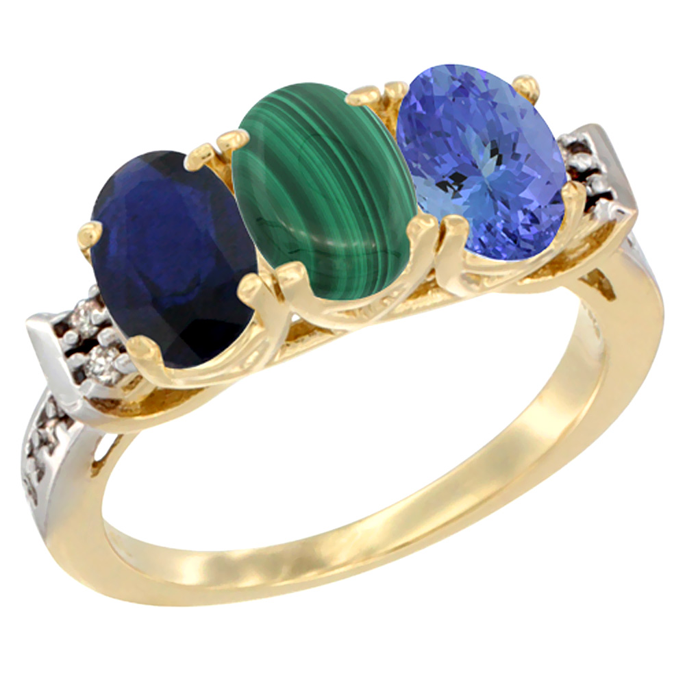 10K Yellow Gold Natural Blue Sapphire, Malachite &amp; Tanzanite Ring 3-Stone Oval 7x5 mm Diamond Accent, sizes 5 - 10