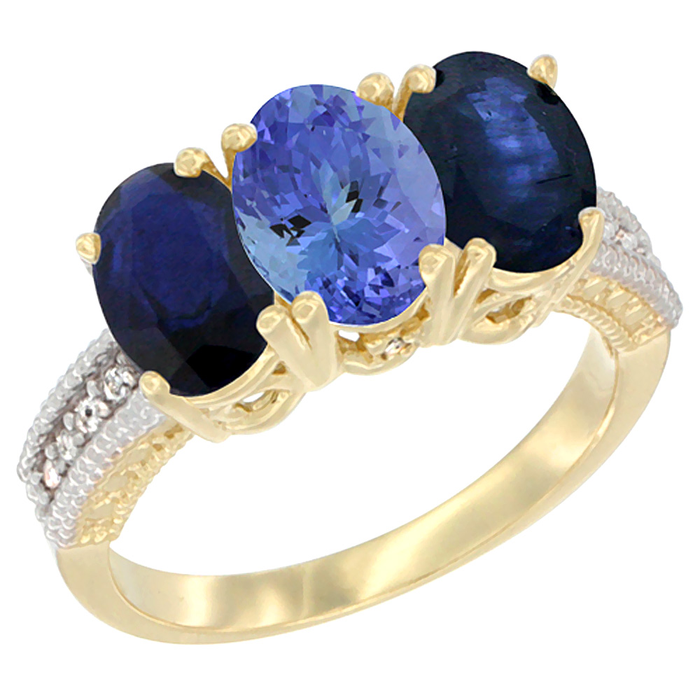 14K Yellow Gold Natural Tanzanite & Blue Sapphire Sides Ring 3-Stone 7x5 mm Oval Diamond Accent, sizes 5 - 10