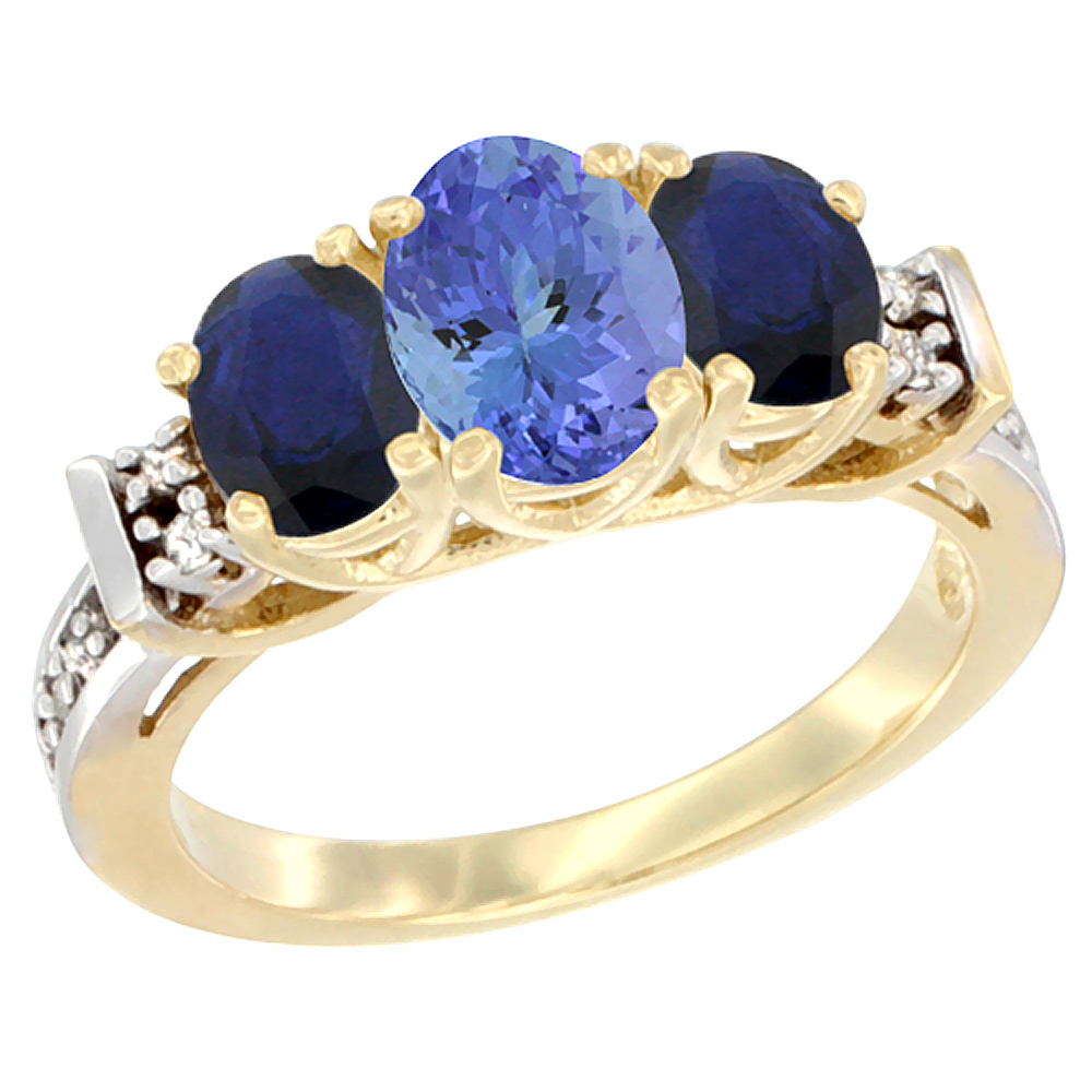 14K Yellow Gold Natural Tanzanite & High Quality Blue Sapphire Ring 3-Stone Oval Diamond Accent