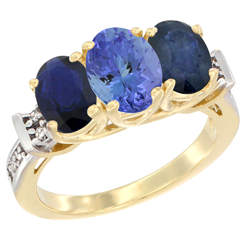 14K Yellow Gold Natural Tanzanite &amp; Blue Sapphire Sides Ring 3-Stone Oval Diamond Accent, sizes 5 - 10