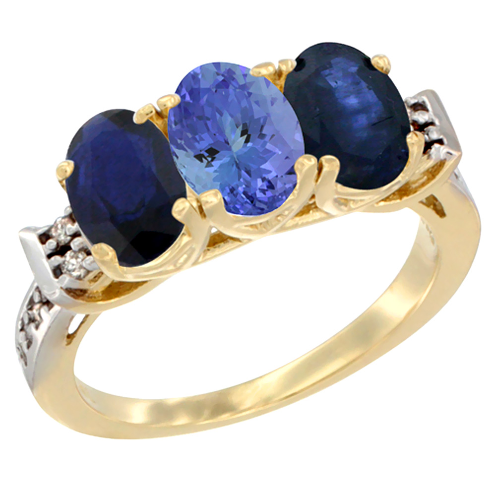 10K Yellow Gold Natural Tanzanite &amp; Blue Sapphire Sides Ring 3-Stone Oval 7x5 mm Diamond Accent, sizes 5 - 10
