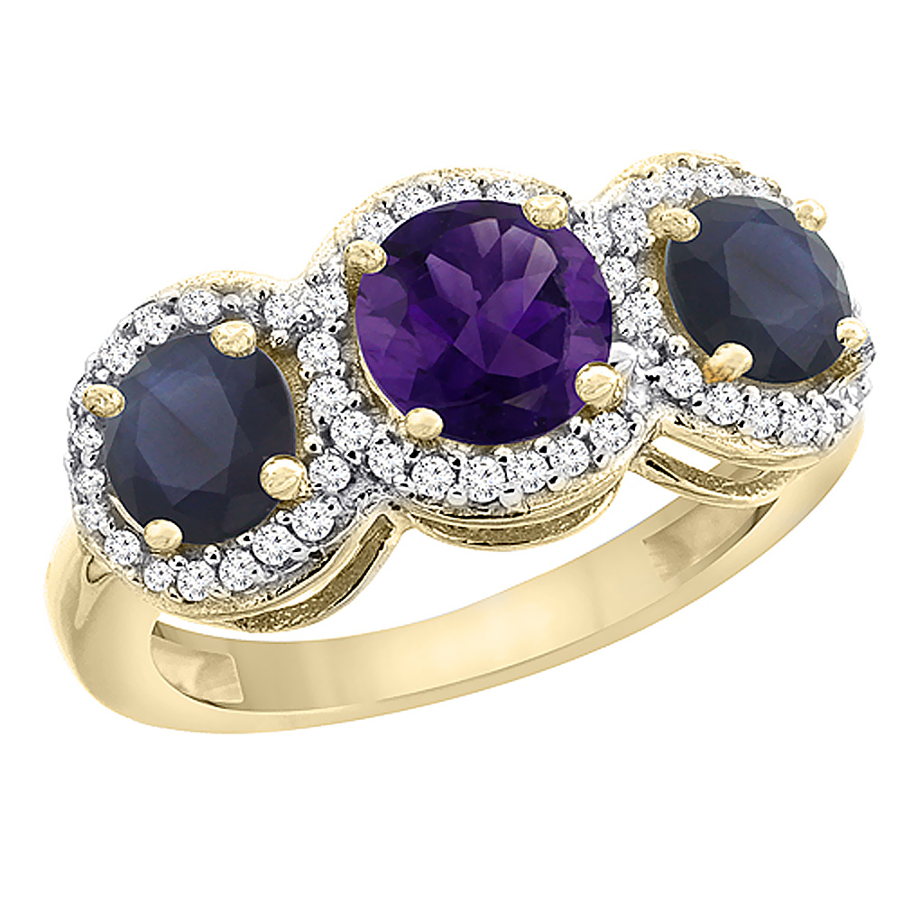 14K Yellow Gold Natural Amethyst &amp; High Quality Blue Sapphire Sides Round 3-stone Ring Diamond Accents, sizes 5 - 10