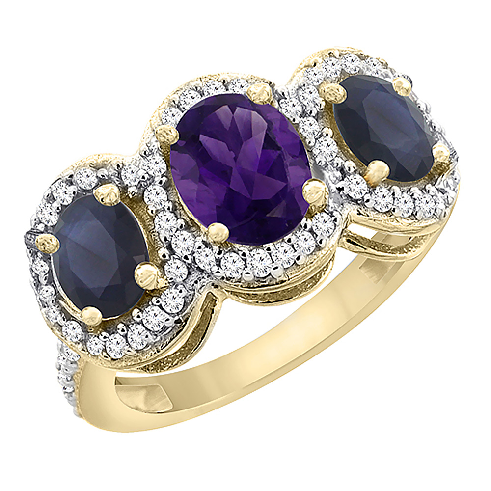 14K Yellow Gold Natural Amethyst & Quality Blue Sapphire 3-stone Mothers Ring Oval Diamond Accent,sz5-10