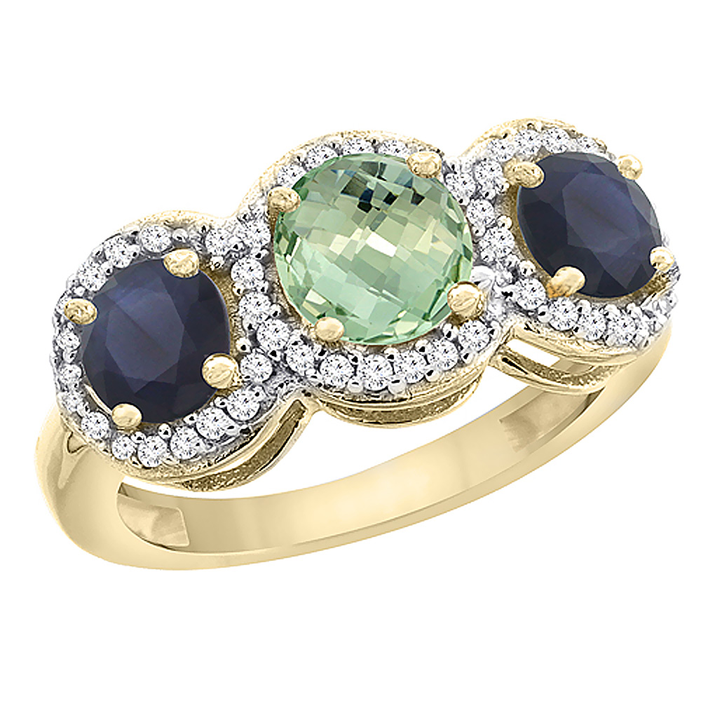 10K Yellow Gold Natural Green Amethyst & High Quality Blue Sapphire Sides Round 3-stone Ring Diamond Accents, sizes 5 - 10
