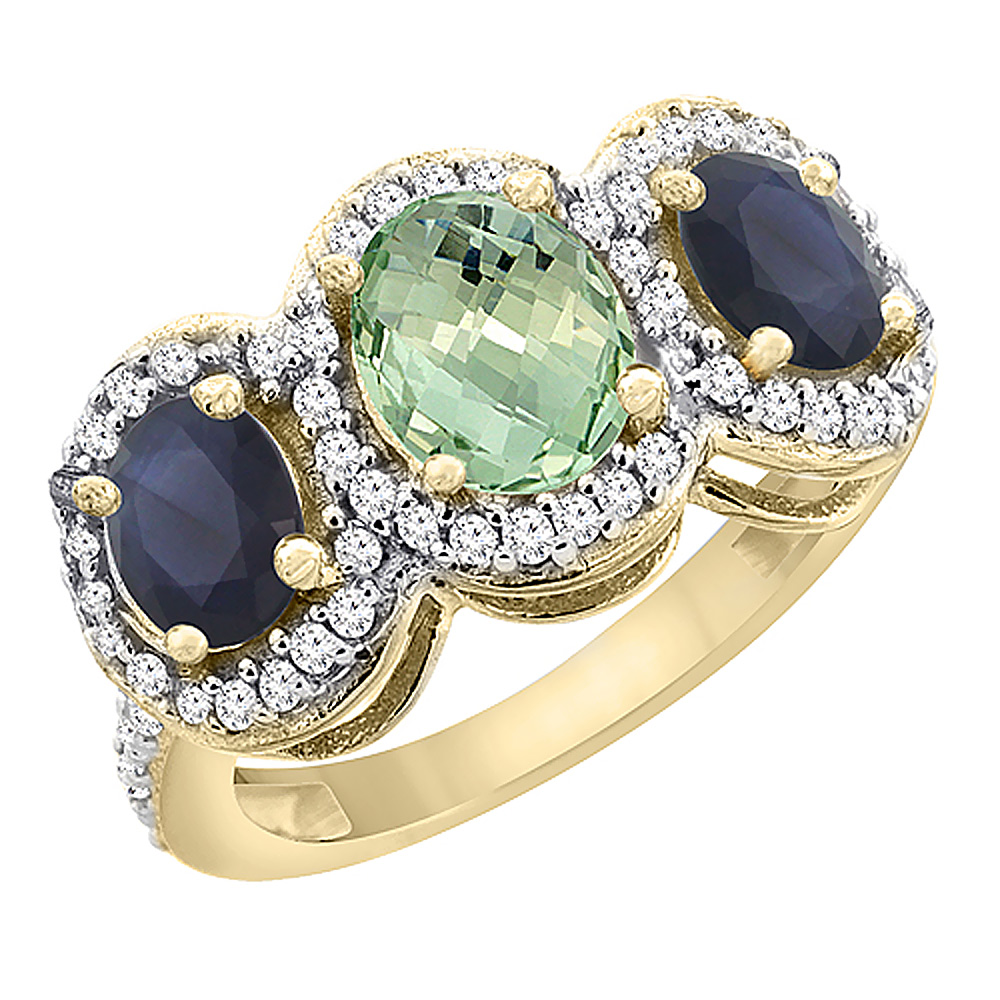 14K Yellow Gold Diamond Natural Green Amethyst 7x5mm&6x4mm Quality Blue Sapphire Oval 3-stone Ring,sz5-10