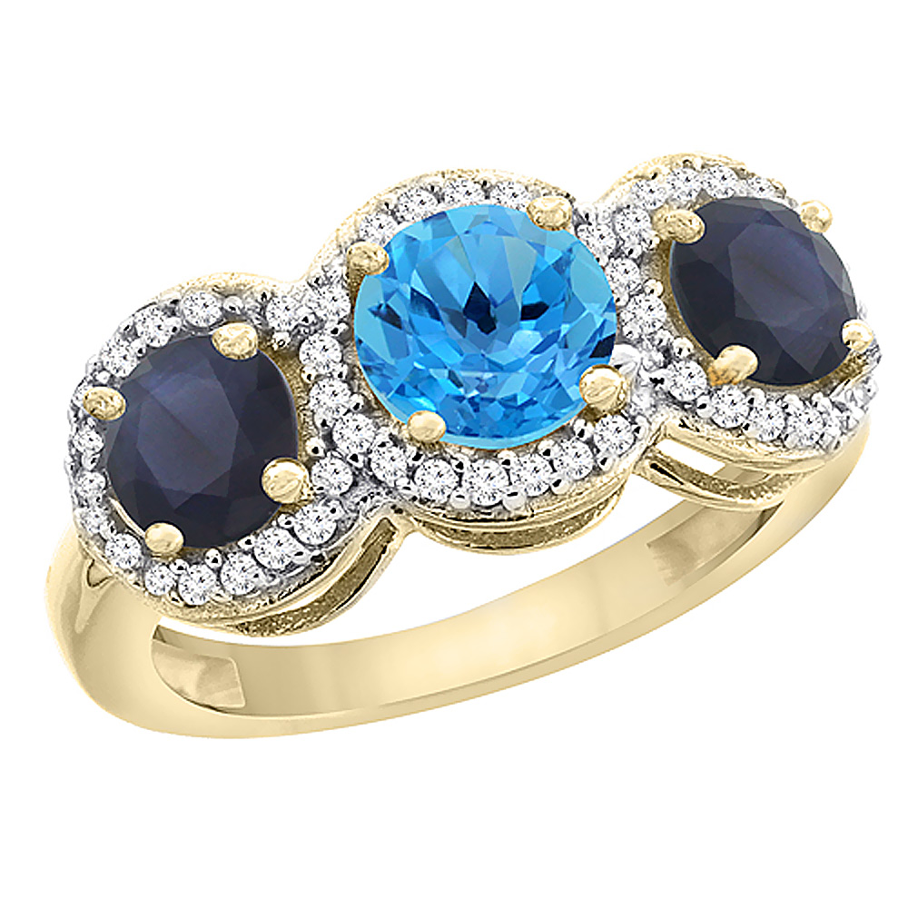 10K Yellow Gold Natural Swiss Blue Topaz &amp; High Quality Blue Sapphire Sides Round 3-stone Ring Diamond Accents, sizes 5 - 10
