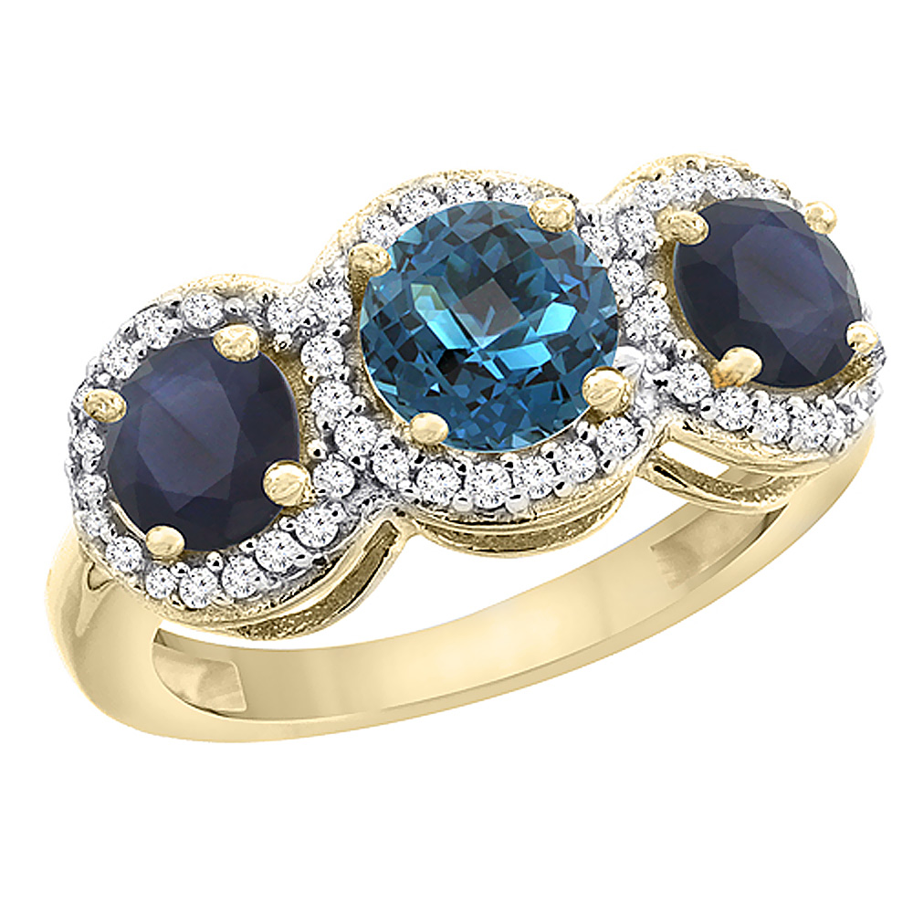 10K Yellow Gold Natural London Blue Topaz & High Quality Blue Sapphire Sides Round 3-stone Ring Diamond Accents, sizes 5 - 10