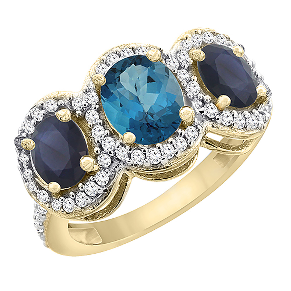 10K Yellow Gold Diamond Natural London Blue Topaz 7x5mm&amp;6x4mmQualityBlueSapphire Oval 3-stone Ring,sz5-10