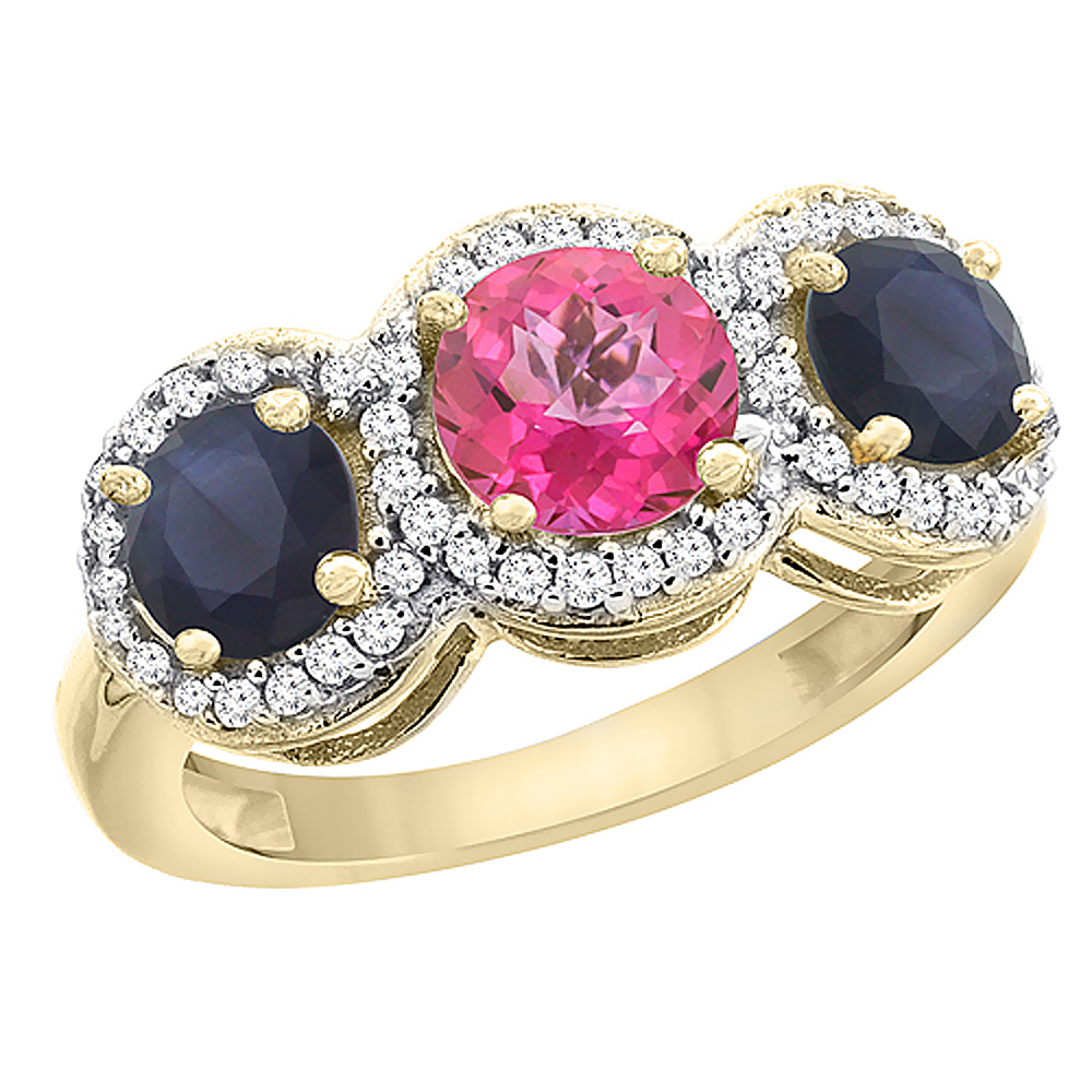 10K Yellow Gold Natural Pink Topaz &amp; High Quality Blue Sapphire Sides Round 3-stone Ring Diamond Accents, sizes 5 - 10