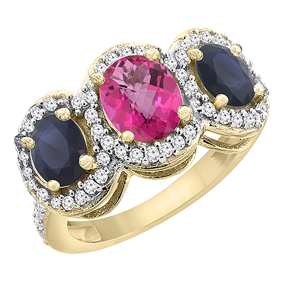 14K Yellow Gold Diamond Natural Pink Topaz 7x5mm &amp; 6x4mm Quality Blue Sapphire Oval 3-stone Ring,sz5 - 10