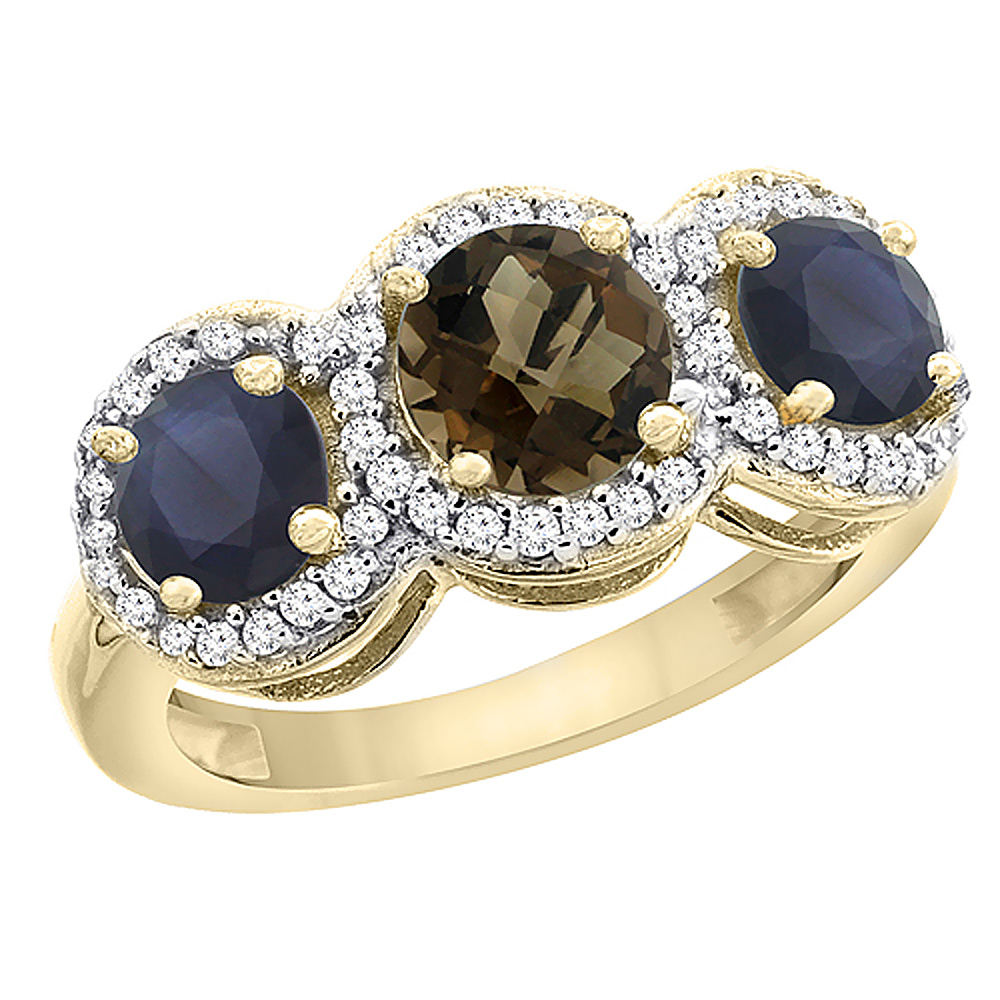 14K Yellow Gold Natural Smoky Topaz &amp; High Quality Blue Sapphire Sides Round 3-stone Ring Diamond Accents, sizes 5 - 10
