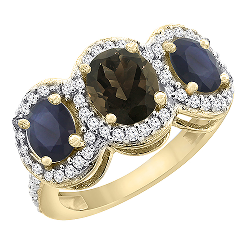 10K Yellow Gold Diamond Natural Smoky Topaz 7x5mm &amp; 6x4mm Quality Blue Sapphire Oval 3-stone Ring,sz5-10