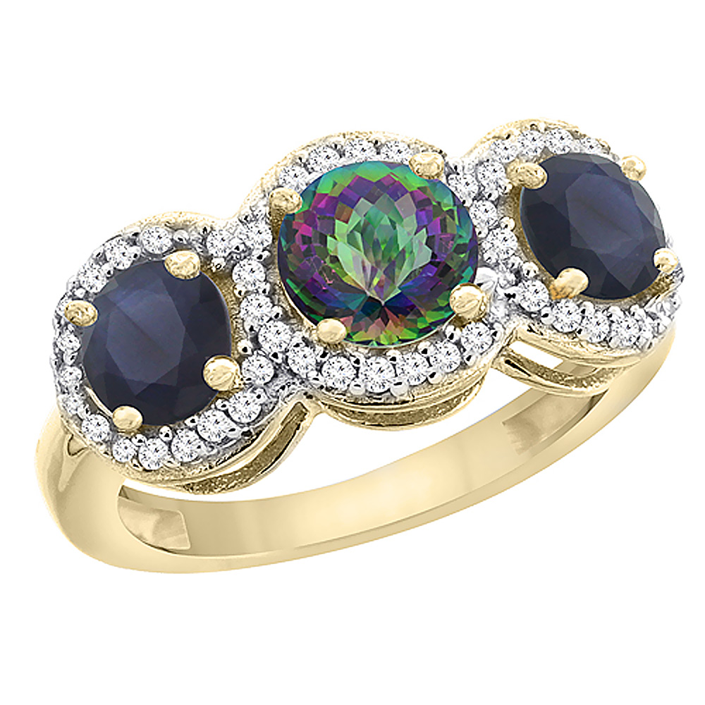 14K Yellow Gold Natural Mystic Topaz &amp; High Quality Blue Sapphire Sides Round 3-stone Ring Diamond Accents, sizes 5 - 10