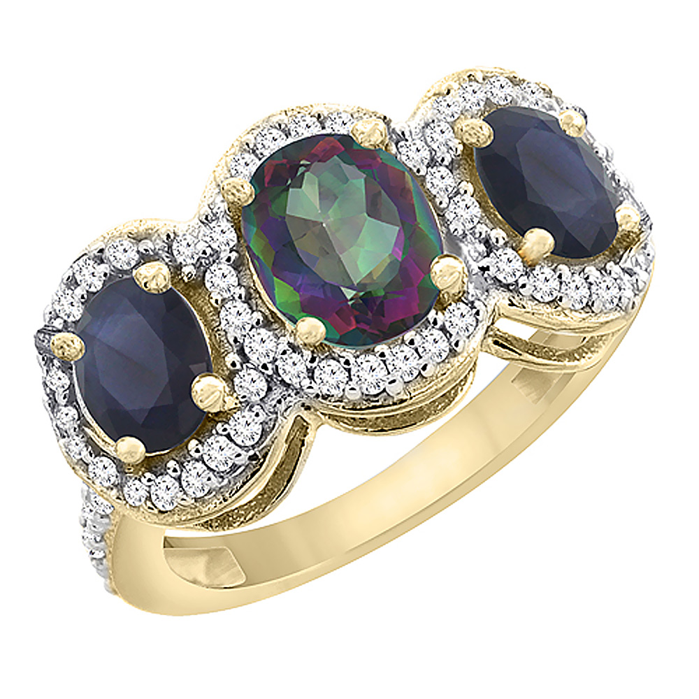 10K Yellow Gold Diamond Natural Mystic Topaz 7x5mm & 6x4mm Quality Blue Sapphire Oval 3-stone Ring,sz5-10