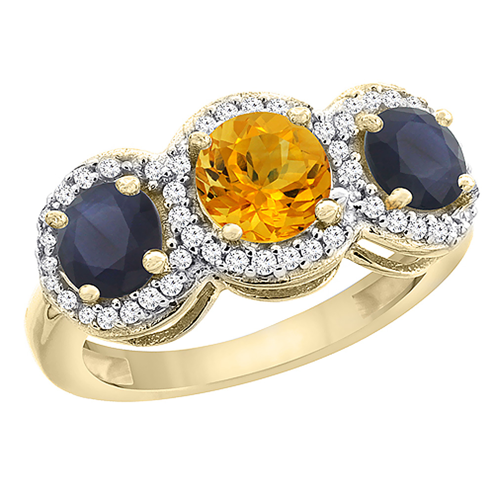 10K Yellow Gold Natural Citrine &amp; High Quality Blue Sapphire Sides Round 3-stone Ring Diamond Accents, sizes 5 - 10