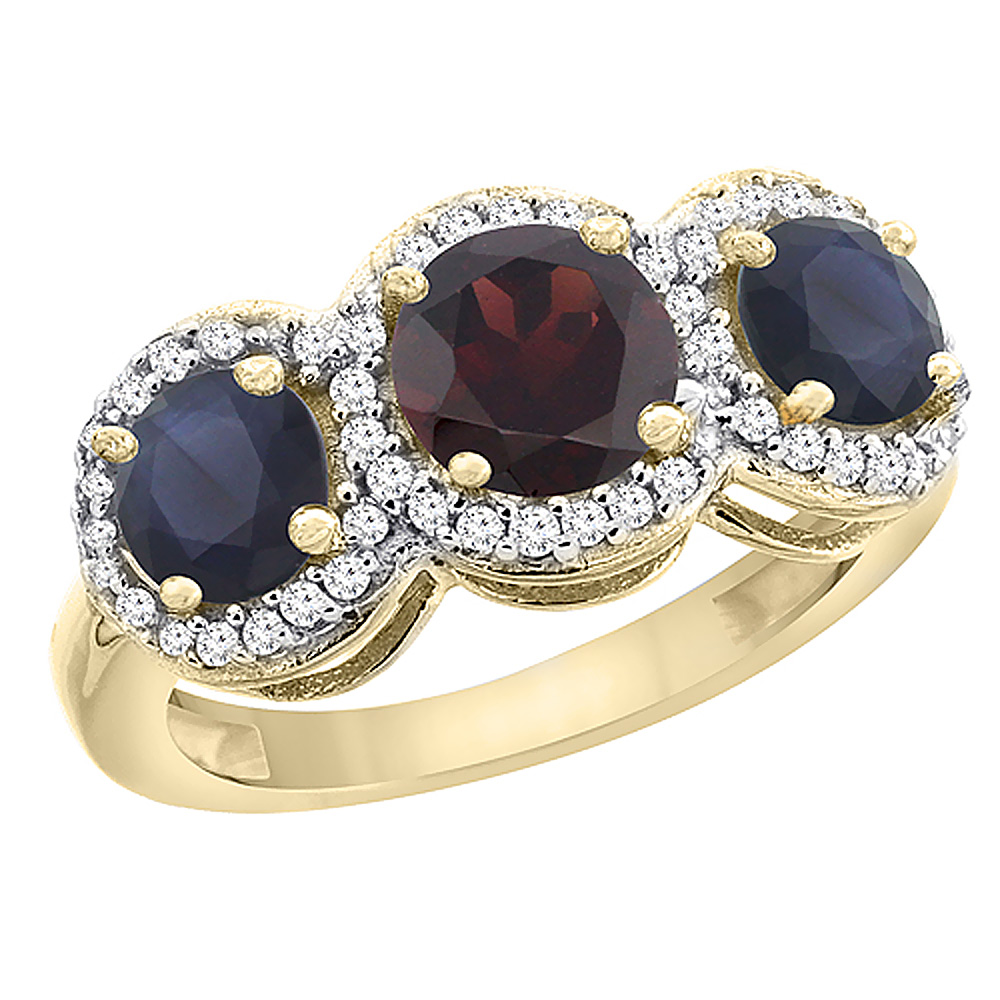 14K Yellow Gold Natural Garnet &amp; High Quality Blue Sapphire Sides Round 3-stone Ring Diamond Accents, sizes 5 - 10
