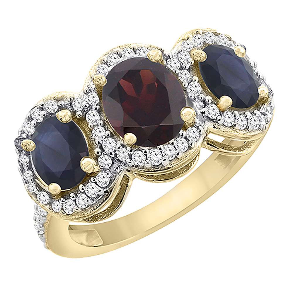 14K Yellow Gold Natural Garnet & Quality Blue Sapphire 3-stone Mothers Ring Oval Diamond Accent, sz5 - 10