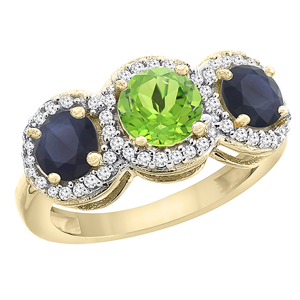 10K Yellow Gold Natural Peridot &amp; High Quality Blue Sapphire Sides Round 3-stone Ring Diamond Accents, sizes 5 - 10