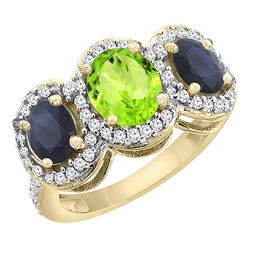 14K Yellow Gold Natural Peridot & Quality Blue Sapphire 3-stone Mothers Ring Oval Diamond Accent,sz5 - 10