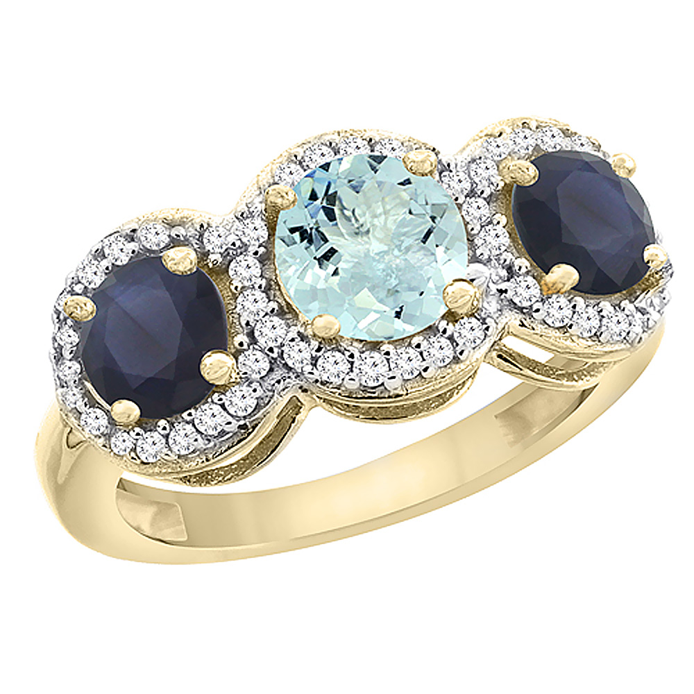 14K Yellow Gold Natural Aquamarine &amp; High Quality Blue Sapphire Sides Round 3-stone Ring Diamond Accents, sizes 5 - 10