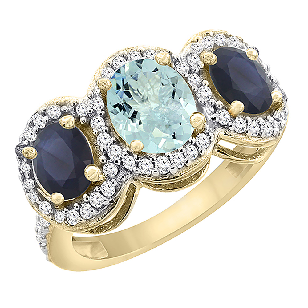 10K Yellow Gold Diamond Natural Aquamarine 7x5mm &amp; 6x4mm Quality Blue Sapphire Oval 3-stone Ring,sz5-10