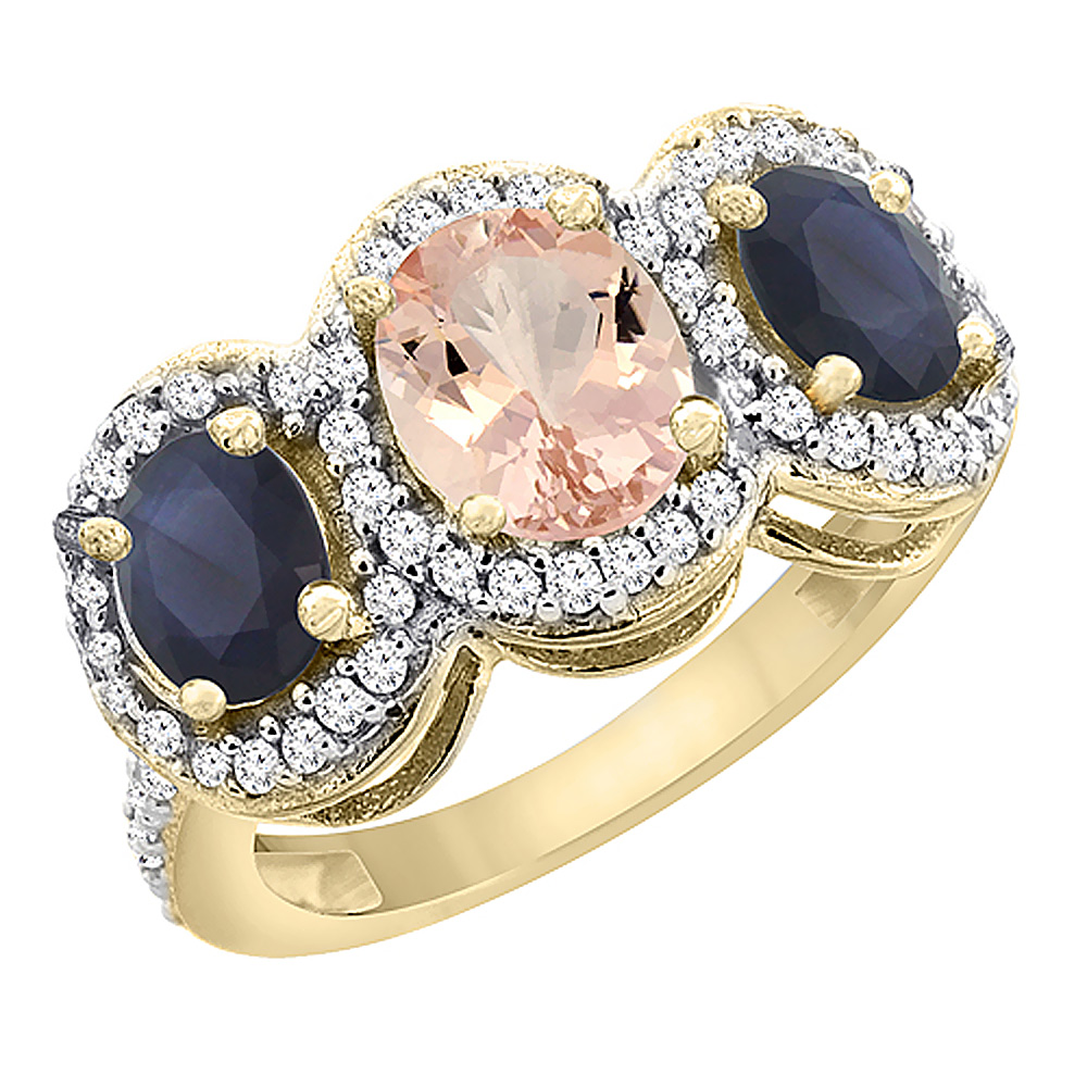 10K Yellow Gold Natural Morganite &amp; Quality Blue Sapphire 3-stone Mothers Ring Oval Diamond Accent,sz5-10